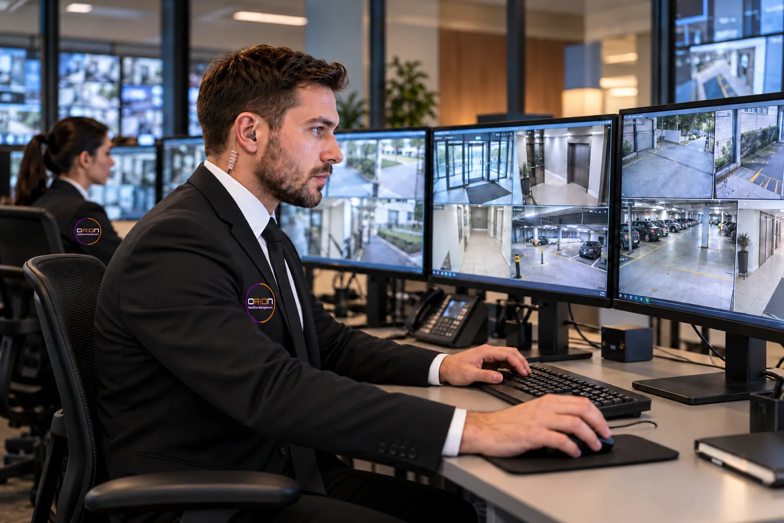Illustrative uniformed CCTV operators monitoring a commercial control room