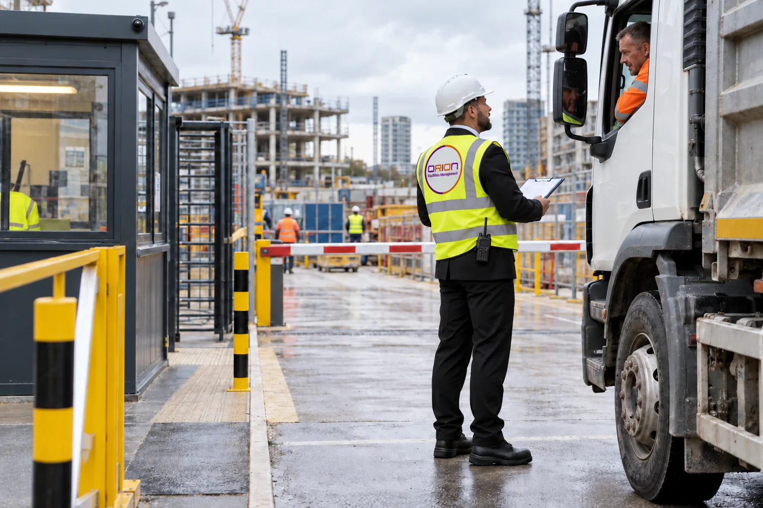 Illustrative construction-site security officer wearing Orion-branded high-visibility clothing