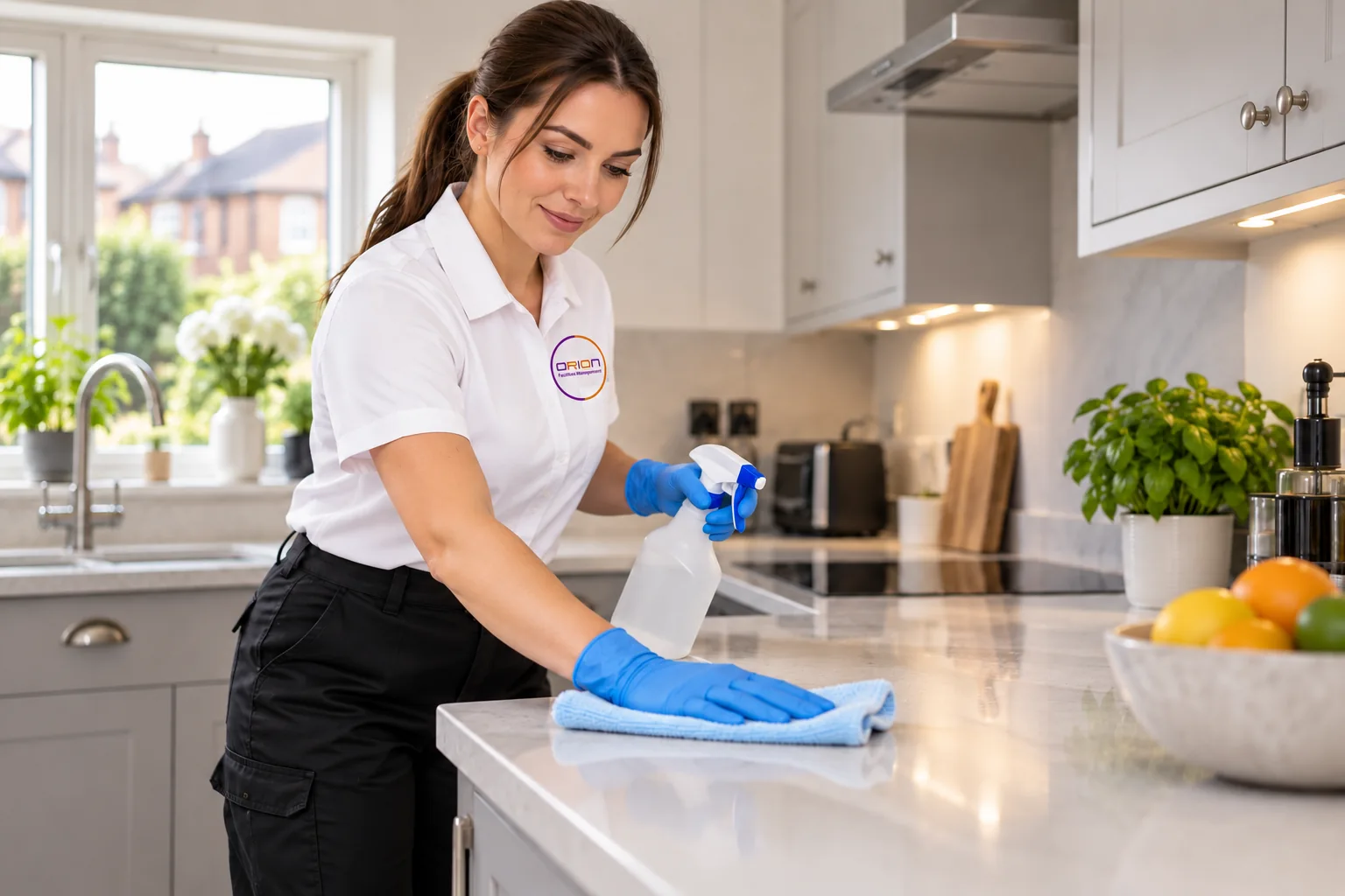 Illustrative professional cleaner cleaning a domestic kitchen